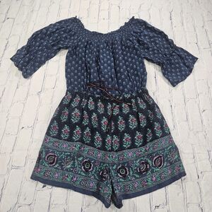 Ettitwa WOMENS SIZE S Jumpsuit Romper Blue Floral Short Sleeve One Piece Boho